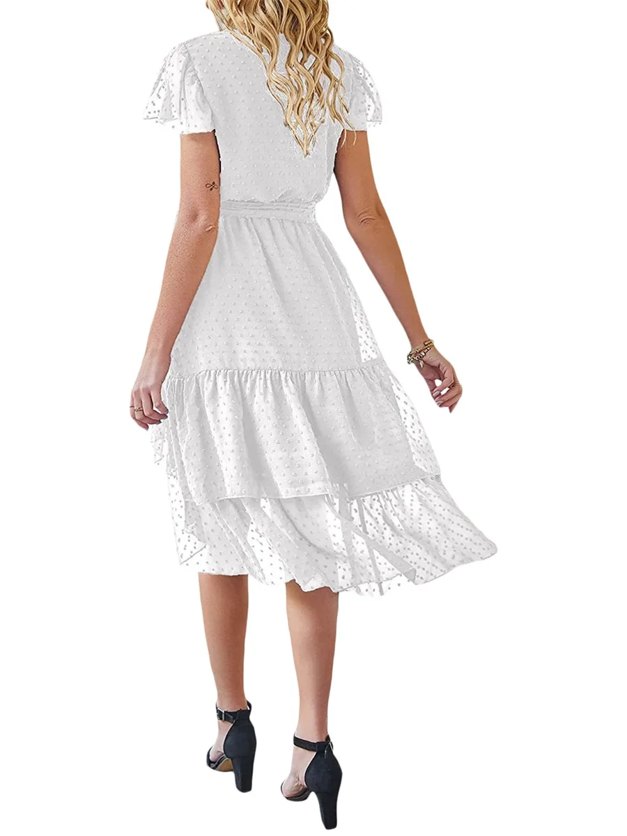 

Elegant Swiss Dot Midi Dress with Ruffle Sleeves Tie-Up Belt and Flowy Chiffon Fabric - Perfect for Summer Beach Days and
