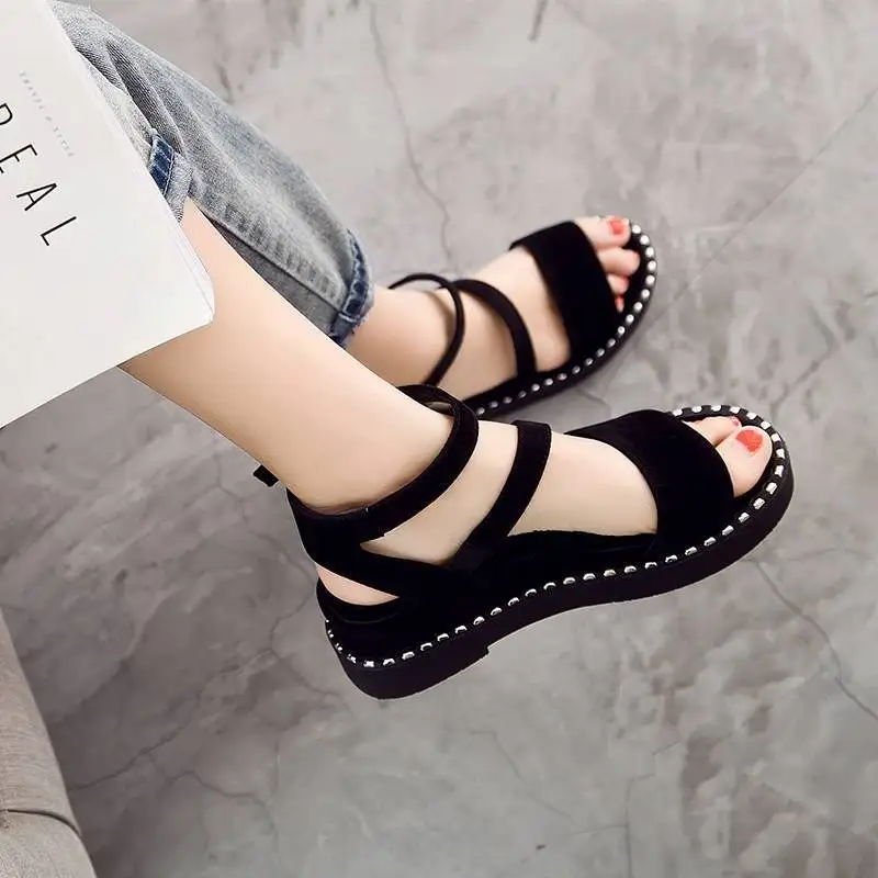 

Thick-soled Sandals Women 2022 New One-word Buckle Sandals Women's Flat-bottomed Korean Version of Roman Wedge Sandals