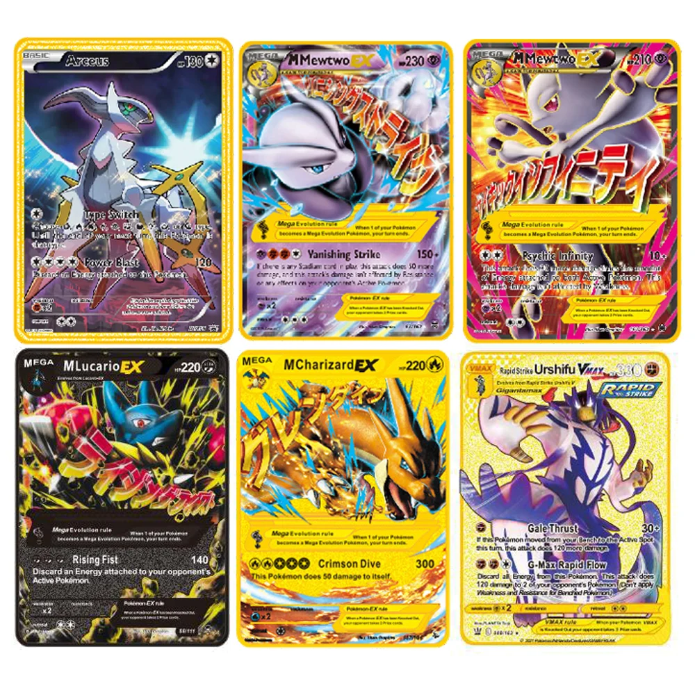

New Pokemon Anime Pikachu Mewtwo Charizard Mew Eevee Gold Metal Collection Card Mega Vmax Gx GenⅠ Trainer Battle Cards Gifts Toy