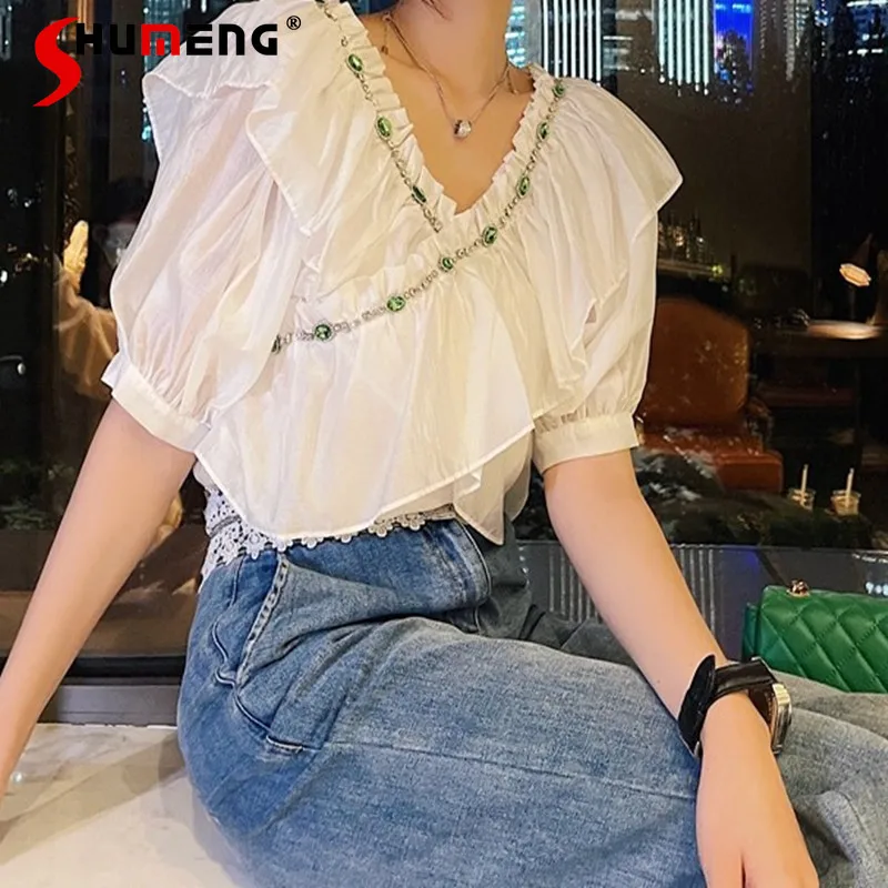 Exquisite Rhinestone Ruffled Patchwork White Chiffon Shirt Women's 2022 Spring and Summer New Short Sleeve Blouse Ladies Tops
Exquisite Rhinestone Ruffled Patchwork White Chiffon Shirt Women's 2022 Spring and Summer New Short Sleeve Blouse Ladies Tops