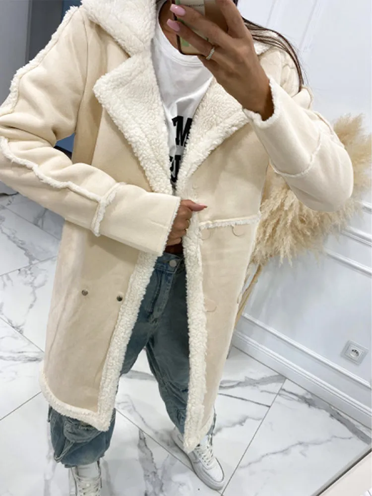 

Женское длинное пальто из искусственной овечьей шерсти, однобортная Лоскутная куртка с длинным рукавом, теплая ветрозащитная верхняя одежда на осень-зиму 2023