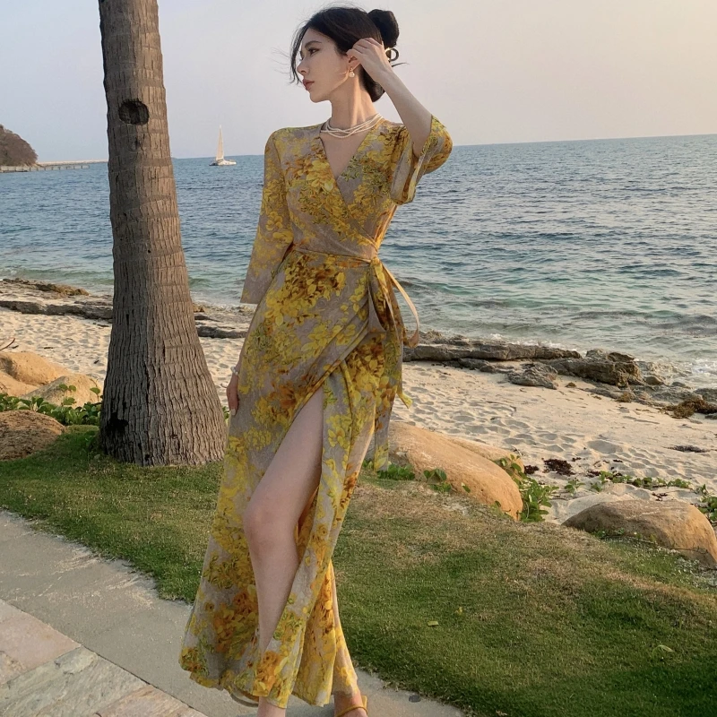 BULOCHOVA Summer Designer French Chiffon Print Lace Up Long Dress Women V Neck Flare Sleeve Yellow Flower Holiday Vestidos 2023 
BULOCHOVA Summer Designer French Chiffon Print Lace Up Long Dress Women V Neck Flare Sleeve Yellow Flower Holiday Vestidos 2023