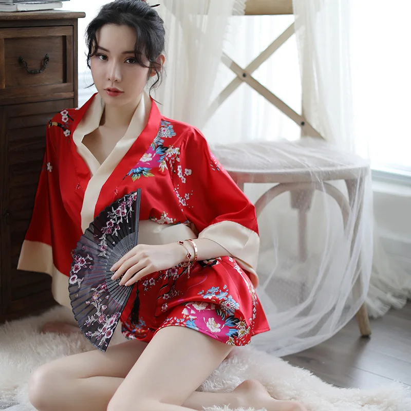 

Кимоно женское традиционное, пикантный халат в японском стиле, юката, пижамный комплект с мягким шелковым ремнем, нижнее белье, черный красн...
