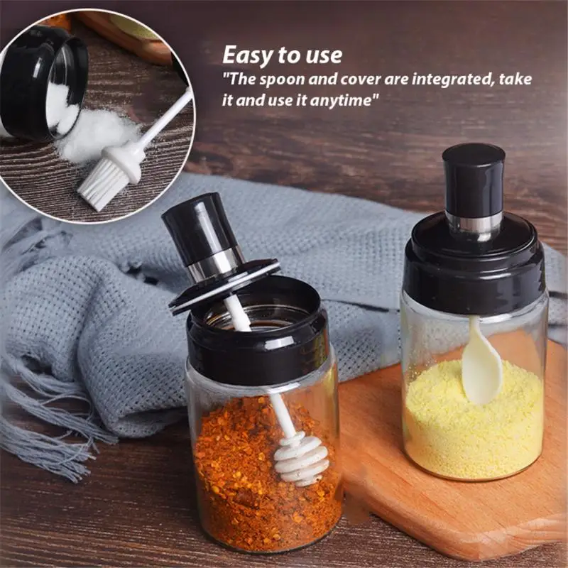 

Seasoning Box With Spoon Spice Jar Glass Integrated Salt Pepper Spice Honey Jars Pots Kitchen Accessories Condiment Container