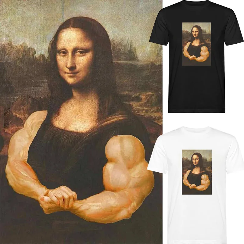 

New Funny Mona Lisa Bodybuilding T Shirt Muscles Gym Parody Hilarious Painting Casual Graphic Tshirts Fashion Short Sleeves Tees