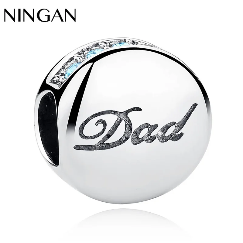

NINGAN Genuine 925 Sterling Silver Round Charm Blue Crystals Dad Lettering Charm Fit Bracelets Bangles Father's Day Gift