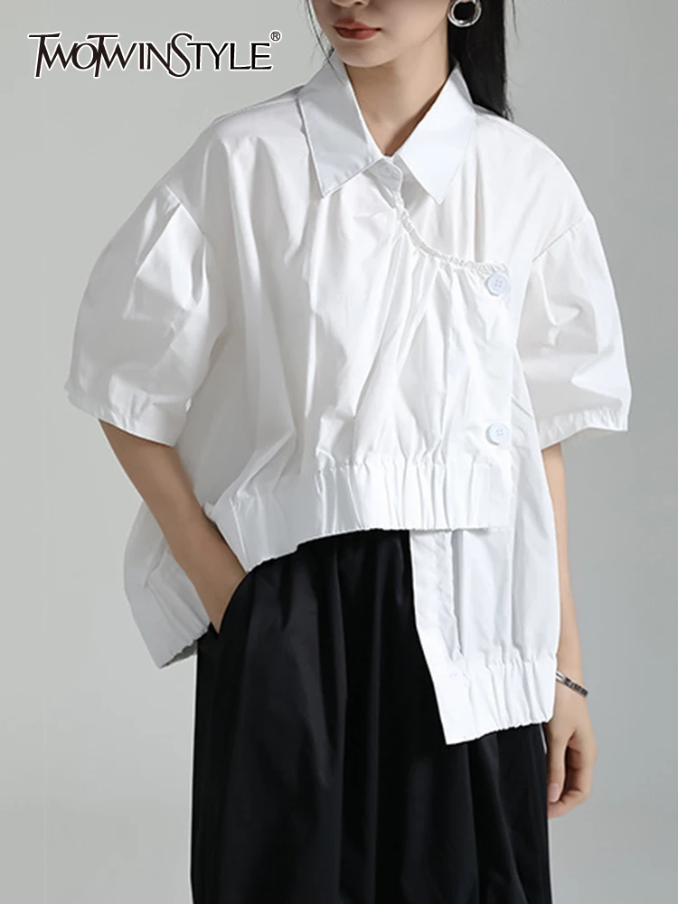 TWOTWINSTYLE Lapel Minimalist Shirts For Women Lapel Long Sleeve Folds Spliced Single Breasted Blouse Female Fashion Clothing
TWOTWINSTYLE Lapel Minimalist Shirts For Women Lapel Long Sleeve Folds Spliced Single Breasted Blouse Female Fashion Clothing