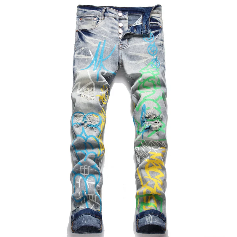 imprimé Stretch Jean Doodle Denim pour hommes, Streetwear déchiré, pantalon droit Slim
imprimé Stretch Jean Doodle Denim pour hommes, Streetwear déchiré, pantalon droit Slim