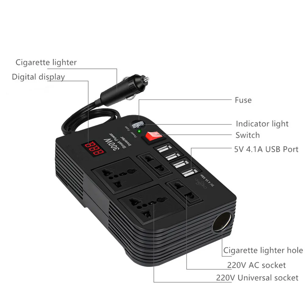 300W Car Inverter DC 12V To AC 220V Converter Outlets 4 USB Fast Charging Car Inverters Car Electronics Accessories 158*100*43mm
300W Car Inverter DC 12V To AC 220V Converter Outlets 4 USB Fast Charging Car Inverters Car Electronics Accessories 158*100*43mm