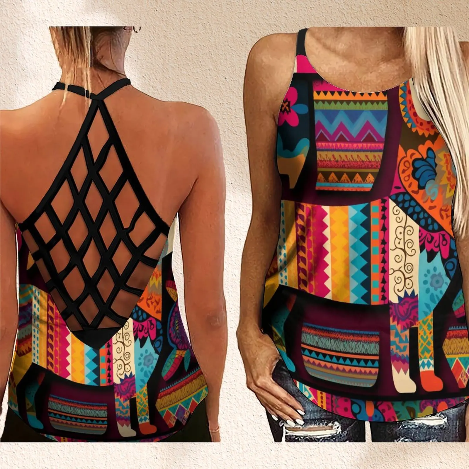 Summer Women's Hollow Out Sleeveless Cross Cross Tank Top Fashion Mayan Pattern Dog Print Tank Top For Women
Summer Women's Hollow Out Sleeveless Cross Cross Tank Top Fashion Mayan Pattern Dog Print Tank Top For Women