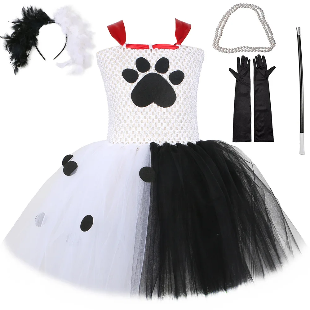 

Children Evil Cruella Cosplay Costumes for Girls Black White Witch Halloween Dresses for Kids Dalmatian Dog Themed Tutu Outfit