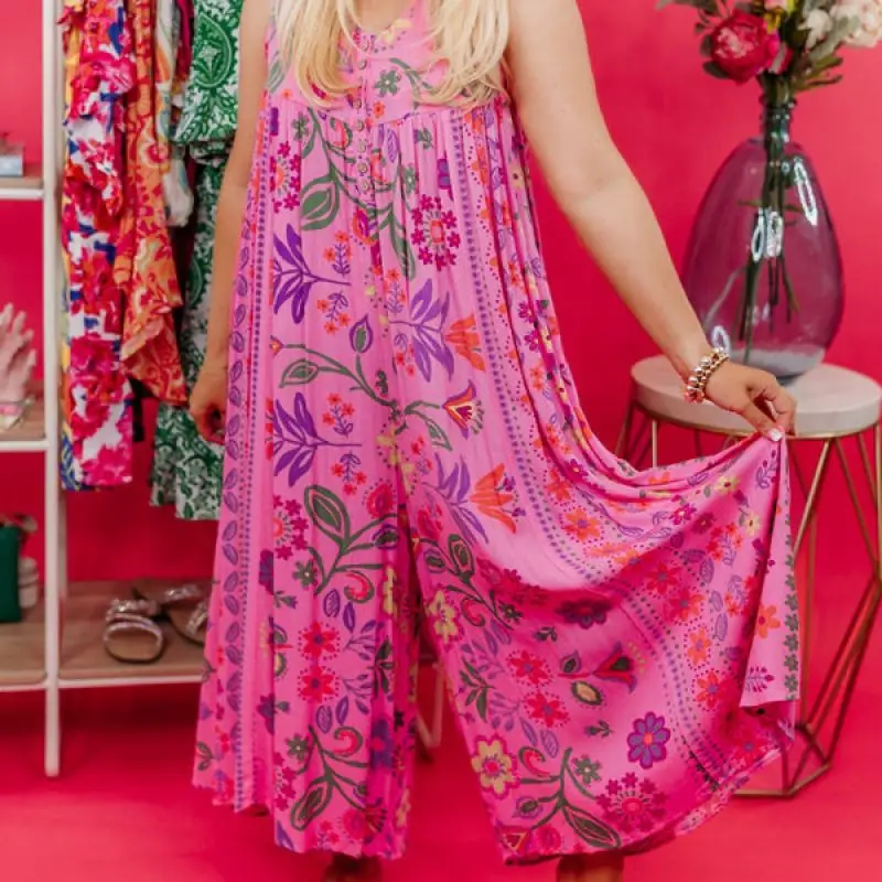 Vintage Floral Print Loose Sleeveless Jumpsuit Fashion Summer Breathable Women Suit 
Vintage Floral Print Loose Sleeveless Jumpsuit Fashion Summer Breathable Women Suit