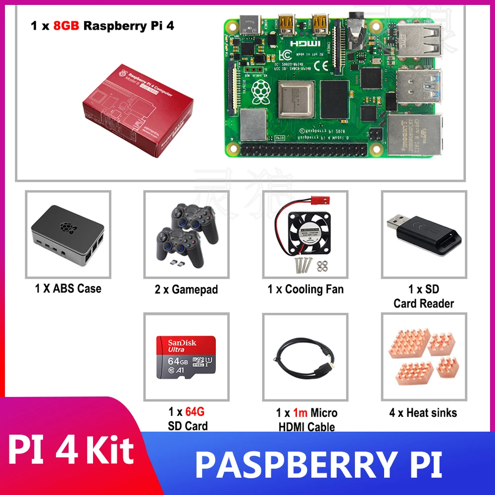 ITINIT R98 Raspberry Pi 4 Model B Kit 2/4/8GB + Wireless Gamepads + 64G/32GB SD Card + Case + Copper Heat Sink + Video Cable
ITINIT R98 Raspberry Pi 4 Model B Kit 2/4/8GB + Wireless Gamepads + 64G/32GB SD Card + Case + Copper Heat Sink + Video Cable