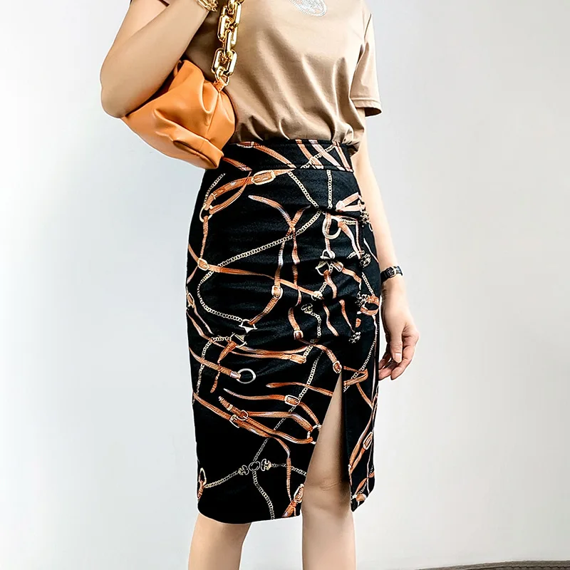 

Genuine Leather Skirt 2022 Lady High Waist Slitted Crinkled Print A-Line Elegant Fashion Mid Dress New Women Dress Autumn TF4749