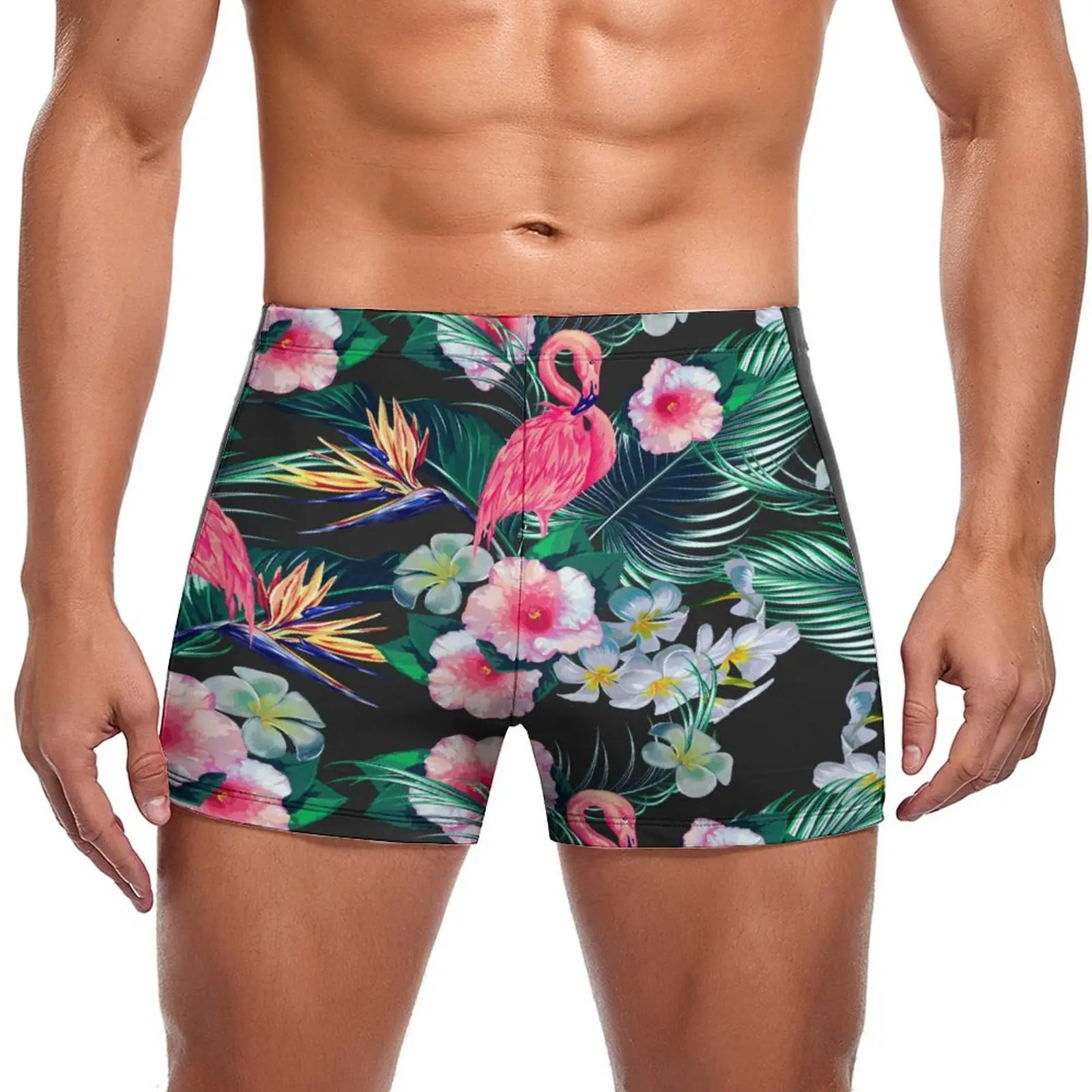 

Forest Palm Leaves Swimming Trunks Floral and Flamingo Print Training Plus Size Swim Shorts Print Elastic Male Briefs