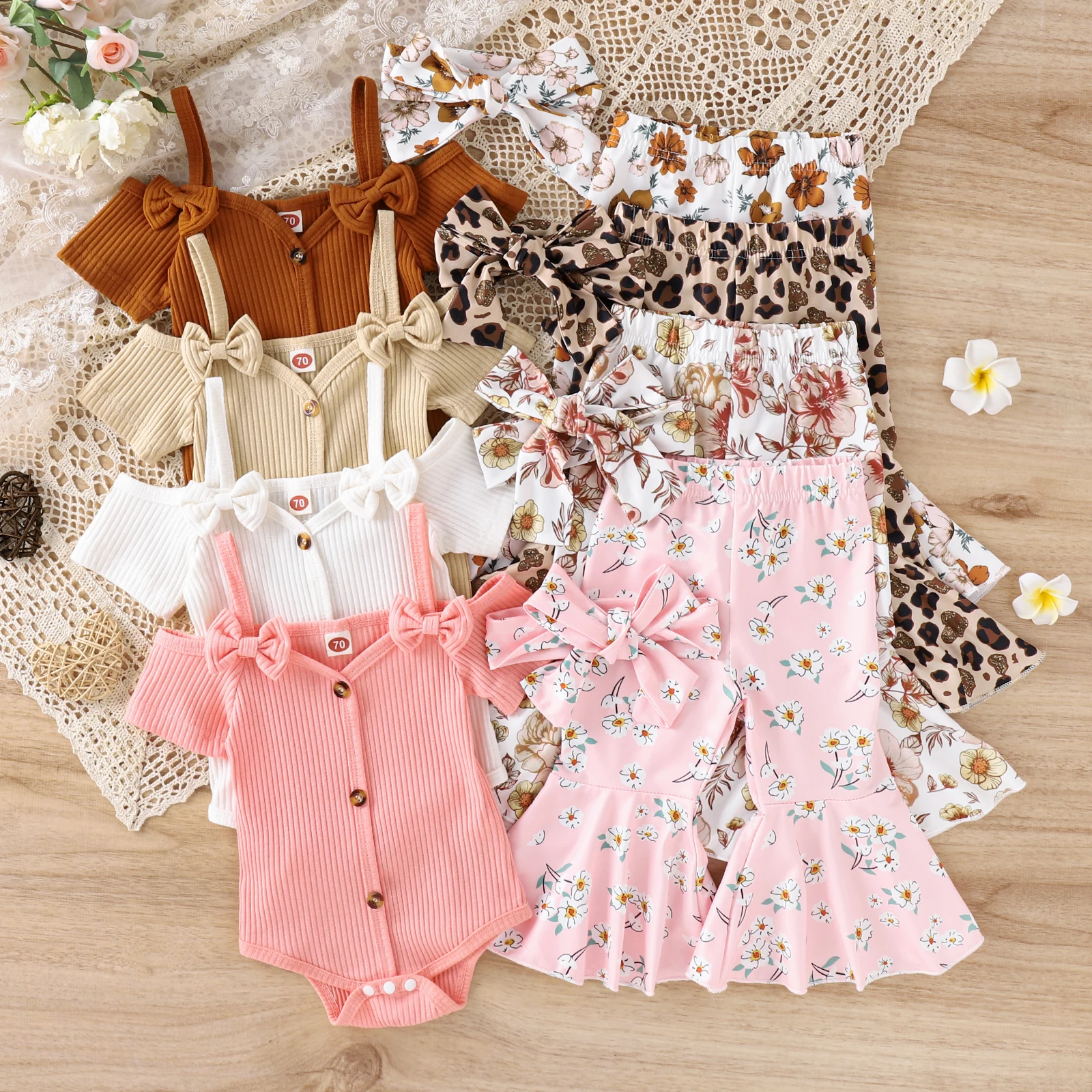 

3Pcs Set Infant Baby Girl Clothes Suspenders Short Sleeve Ribbed Romper Flared Pants Set Headband 3pcs Summer Baby's Outfit