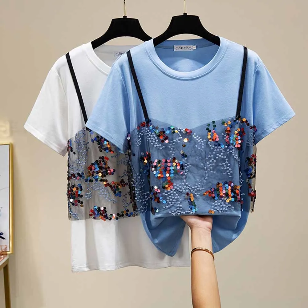 Женская футболка с блестками, элегантная свободная футболка из двух частей в стиле пэчворк, лето 2022
Женская футболка с блестками, элегантная свободная футболка из двух частей в стиле пэчворк, лето 2022