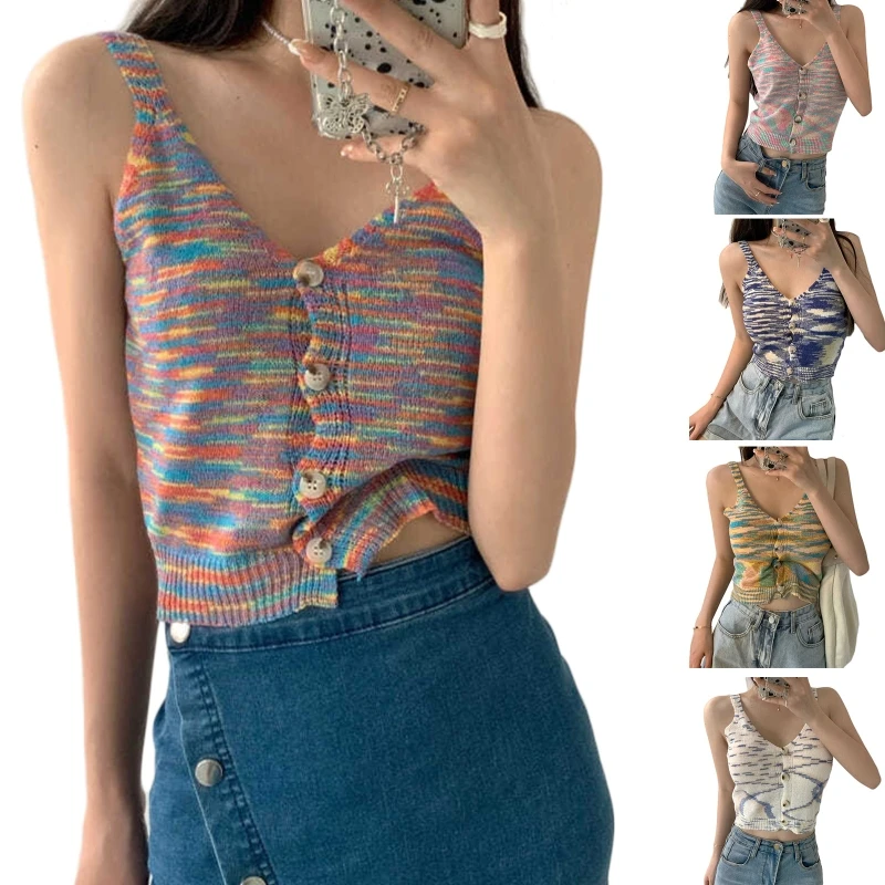 Women Knit Sleeveless Camisole Sexy V-Neck Button Colorful Stripe Slim Crop Top P8DB
Women Knit Sleeveless Camisole Sexy V-Neck Button Colorful Stripe Slim Crop Top P8DB