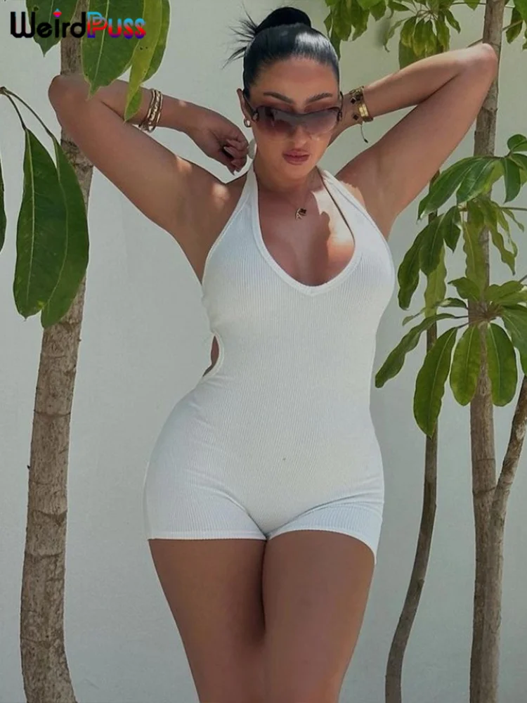 Weird Puss Backless Halter Romper Women Casual Tight Sleeveless Low-Neck Rib Basic Sporty Playsuit Streetwear Workout Overalls
Weird Puss Backless Halter Romper Women Casual Tight Sleeveless Low-Neck Rib Basic Sporty Playsuit Streetwear Workout Overalls