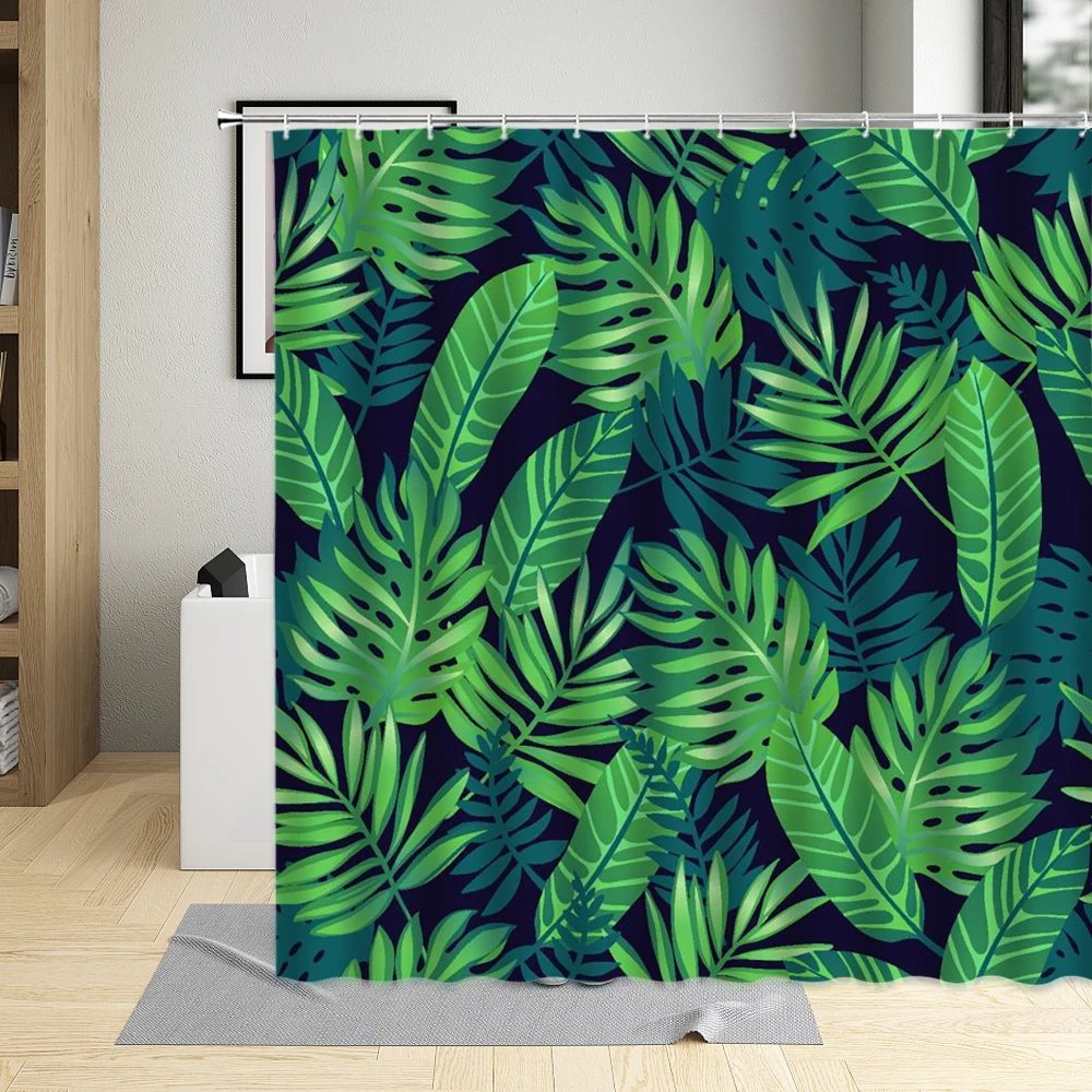 

Занавеска для душа с тропическими зелеными растениями из мультфильмов, водонепроницаемая штора с рисунком пальмовых листьев монстеры, с крючками для ванной комнаты