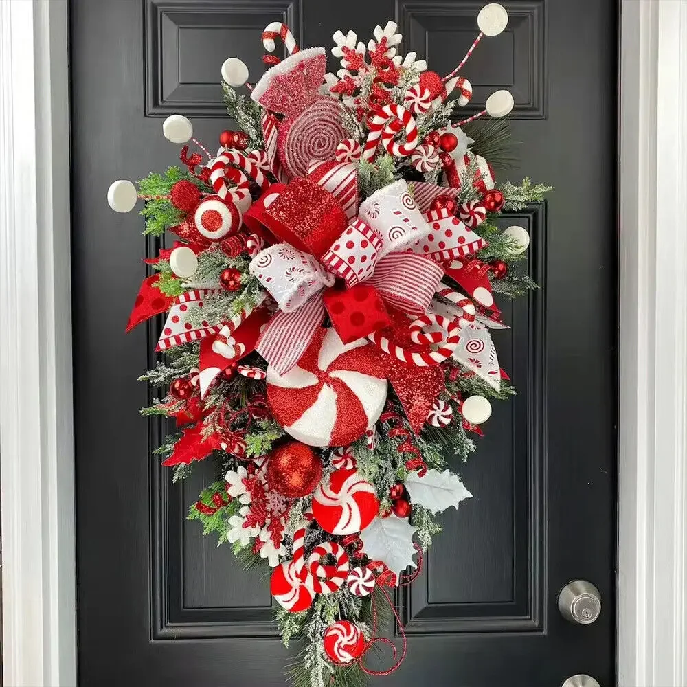 

Sweet Christmas Wreath Garland Candy Cane Bow Ornament Xmas Front Door Hanging Wall Home Decor Wreath Wedding Decoration