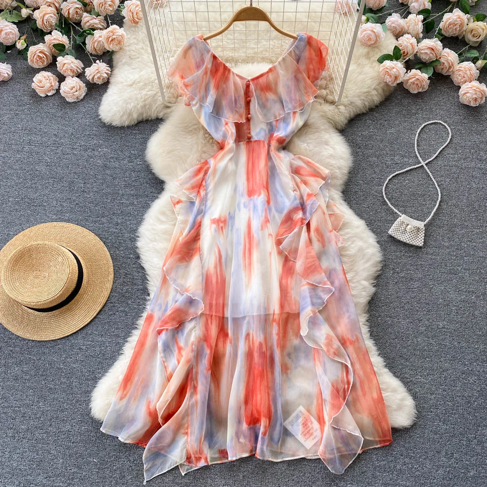 Women New Fashion Summer V-neck Irregular Ruffle Tie Dyed Chiffon Seaside Holiday Dress Elegant Vintage Clothes Vestidos G136
Women New Fashion Summer V-neck Irregular Ruffle Tie Dyed Chiffon Seaside Holiday Dress Elegant Vintage Clothes Vestidos G136