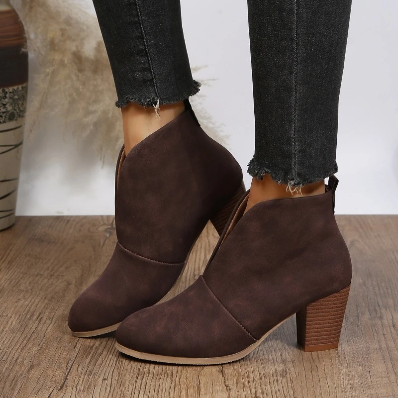 

2023 New Women Boots V Cutout Ankle Boots Stacked Heel Booties Fashion Chelsea Boots PU Botas Zapatos Mujer SIze 35-42