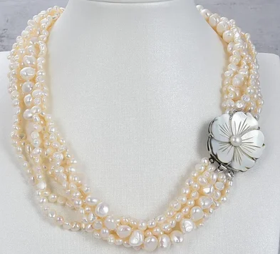 

18" 7Strands Natural White Fancy Baroque Pearl Necklace Shell Flower Clasp