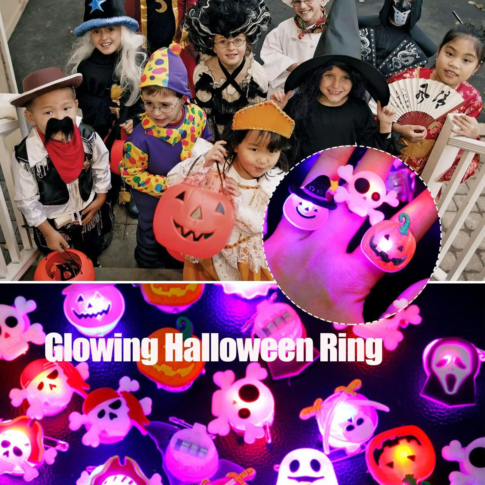 

10pcs Halloween Decorations Creative Cute Glowing Ring Brooch Pumpkin Ghost Skull Rings For Kids Gifts Halloween Party Supplies