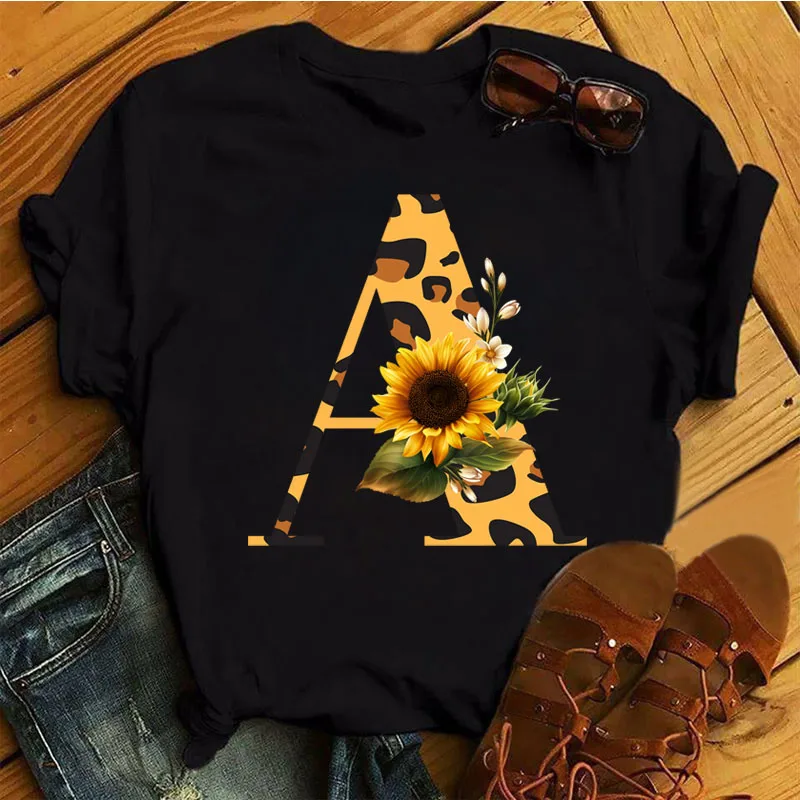 Fashion Women T Shirt Leopard Sunflower Print Casual Tops Custom Name Letter Combination Font A B C D E O Female Black Tee Shirt
Fashion Women T Shirt Leopard Sunflower Print Casual Tops Custom Name Letter Combination Font A B C D E O Female Black Tee Shirt
