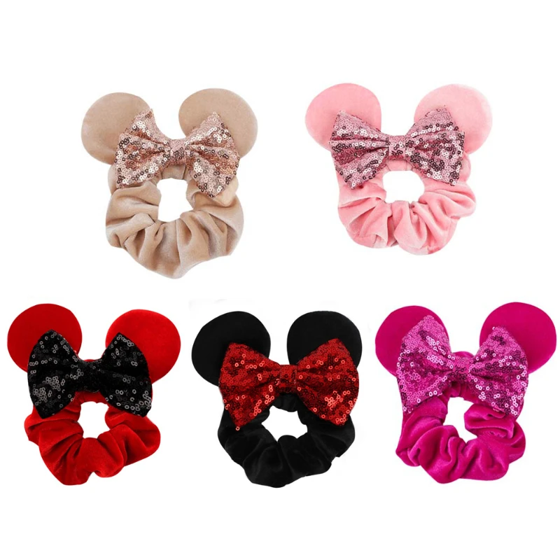

Girls Mouse Ears Sequin Bows Hair Band Velvet Scrunchies Elastic Rubber Hair Band Hair Ties Ponytail Holder Hair Accessories New