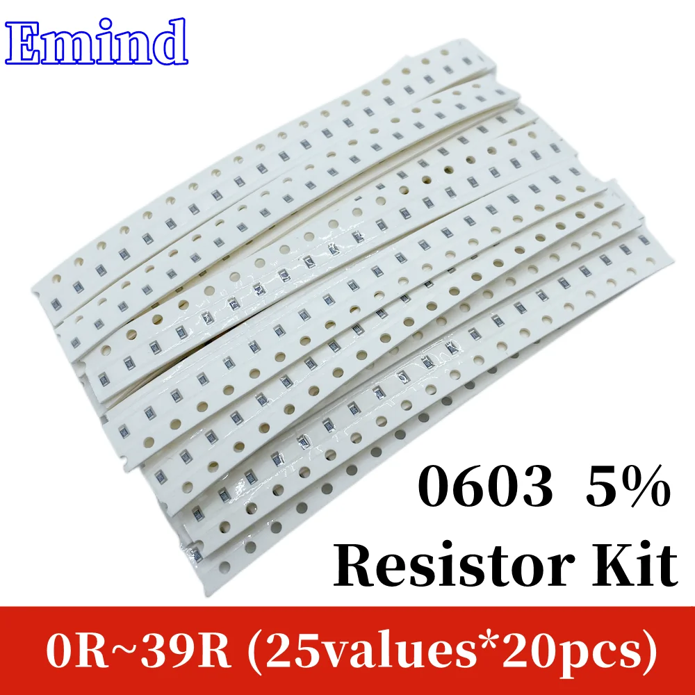 

Комплект резисторов 0603 SMD, 1/2/3 партии, комплект в ассортименте, 5% 0R ~ 39R 25 значений * 20 шт. = 500 шт. 1R 2 3,3 4,7 5,1 6,2 6,8 7,5 10 12 20 22 33 36 Ом