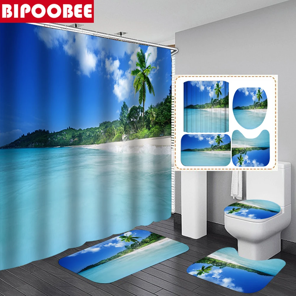 

Ocean Sea Coastal Scenery Shower Curtain Beach Coconut Tree Bathroom Curtains Non-slip Carpet Toilet Cover Bath Mat Home Decor