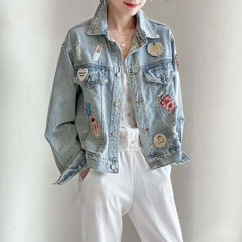 2022 Retro Sticking Cloth Denim Jackets Women Spring Autumn Harajuku Hole Loose Single-breasted Jean Coat Female Streetwear New
2022 Retro Sticking Cloth Denim Jackets Women Spring Autumn Harajuku Hole Loose Single-breasted Jean Coat Female Streetwear New