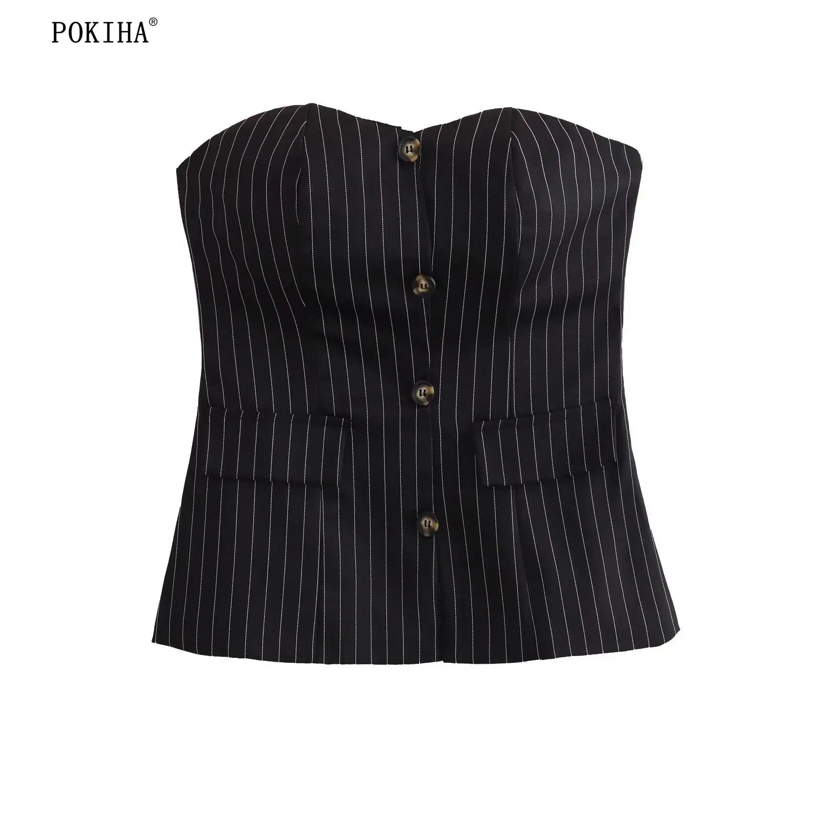 

Pokiha Women Corset New Sexy Black Short Suit Strapless Streetwear Sleeveless Tank Chic Button Elegant Slim Lady Crop Vest Tops