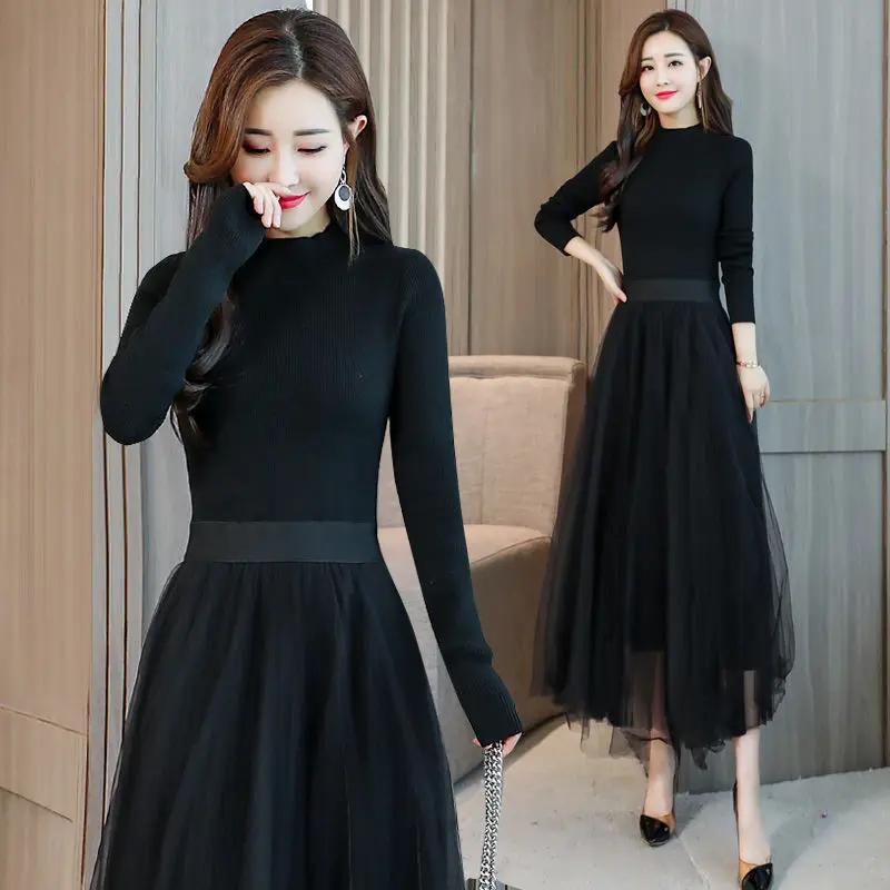 2022 Autumn and Winter New Turtleneck Sweater Knitted Dress Women's Plus Velvet Mesh Stitching Elegant Slim Slim Black Dress
2022 Autumn and Winter New Turtleneck Sweater Knitted Dress Women's Plus Velvet Mesh Stitching Elegant Slim Slim Black Dress