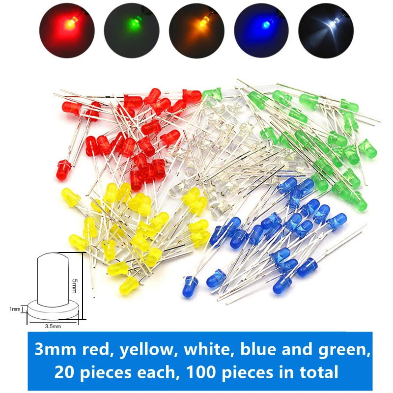 3mm LED light-emitting diode F3, red, green, yellow, blue and white in-line LED light-emitting tubes, 20 pcs each of 5 colors
3mm LED light-emitting diode F3, red, green, yellow, blue and white in-line LED light-emitting tubes, 20 pcs each of 5 colors