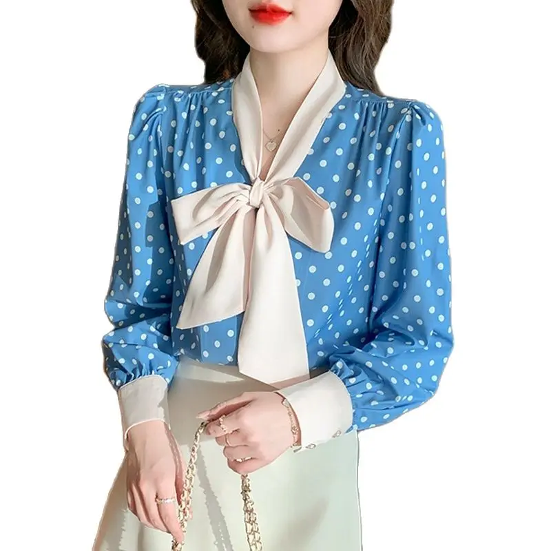 Рубашка женская с V-образным вырезом, Модная элегантная офисная атласная сорочка в контрастный горошек, с длинным рукавом и бантом, весна-осень
Рубашка женская с V-образным вырезом, Модная элегантная офисная атласная сорочка в контрастный горошек, с длинным рукавом и бантом, весна-осень