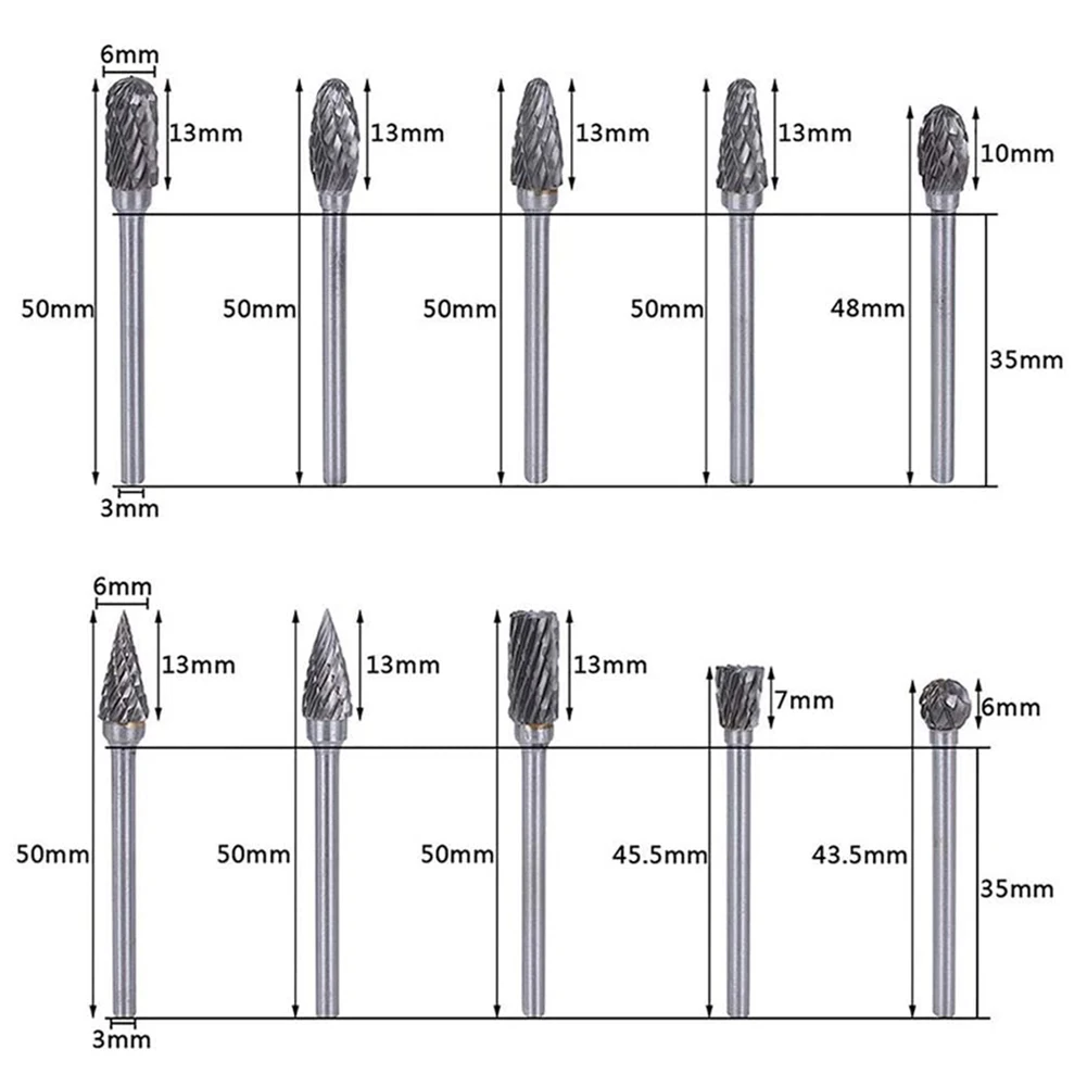 10pcs Tungsten Carbide Cutter Rotary Burr Drill Grinder Carving Bit Double Cut For Wood Stone Carving Steel Metal Working 3x6mm
10pcs Tungsten Carbide Cutter Rotary Burr Drill Grinder Carving Bit Double Cut For Wood Stone Carving Steel Metal Working 3x6mm