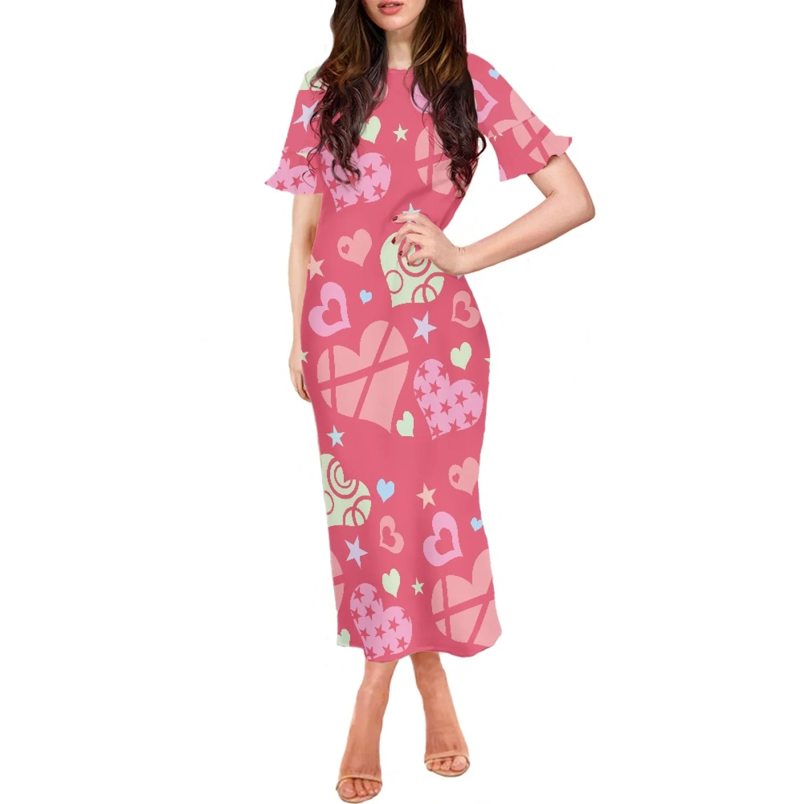 Женское платье с коротким рукавом, розовое платье В Гавайском полинезийском стиле с принтом в виде сердечек, роскошное платье для вечерние, для лета 
Женское платье с коротким рукавом, розовое платье В Гавайском полинезийском стиле с принтом в виде сердечек, роскошное платье для вечерние, для лета