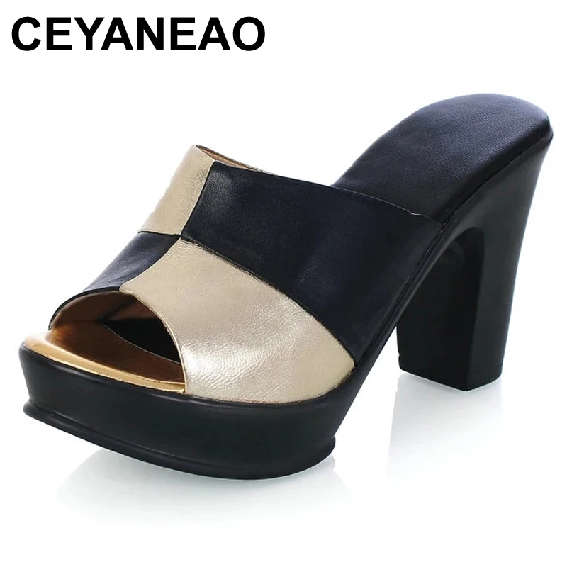 

CEYANEAO Genuine Leather Spring Style Women's Slippers Gold and Black Fish Mouth Sandals Cowhand Women's Shoes Size 34-41