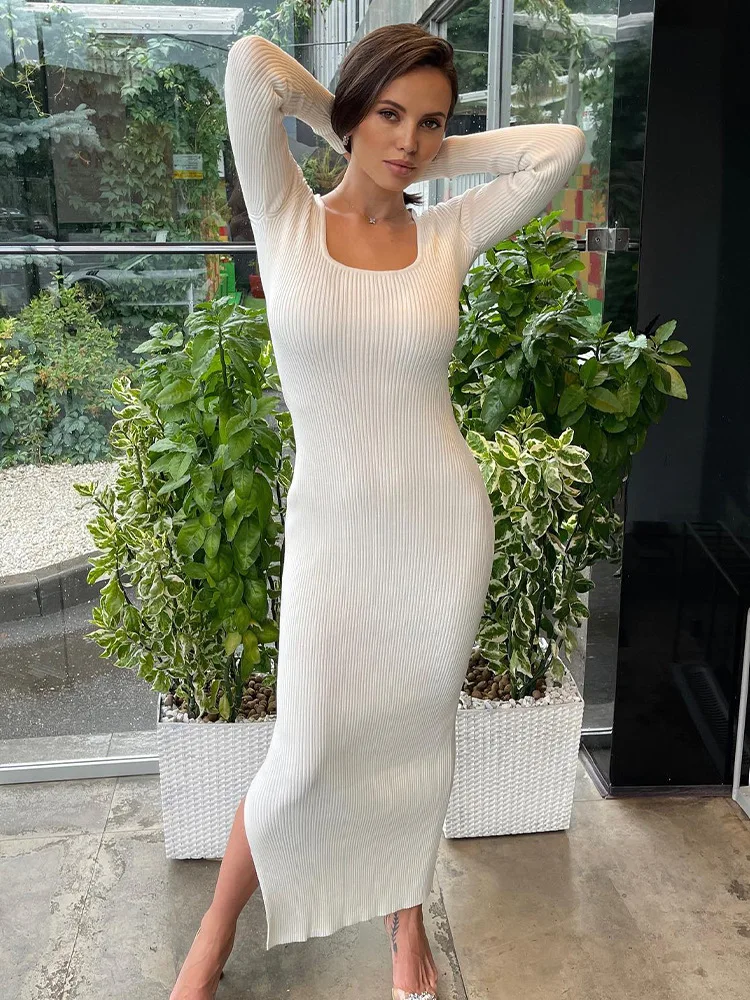 Sexy Square Neck Long Sleeve Slit White Knitted Midi Dress for Women 2022 Autumn Winter Elegant Party Club Black Sweater Dresses 
Sexy Square Neck Long Sleeve Slit White Knitted Midi Dress for Women 2022 Autumn Winter Elegant Party Club Black Sweater Dresses