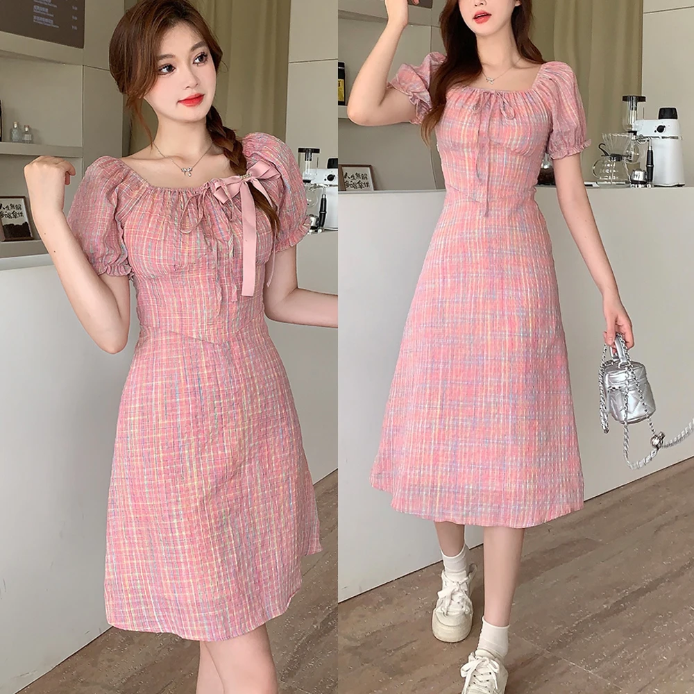 Gentle Square Collar Pink Plaid Print Women Dress Summer Loose A-line Temperament Simple Short Puff Sleeves Trendy Female Frocks
Gentle Square Collar Pink Plaid Print Women Dress Summer Loose A-line Temperament Simple Short Puff Sleeves Trendy Female Frocks
