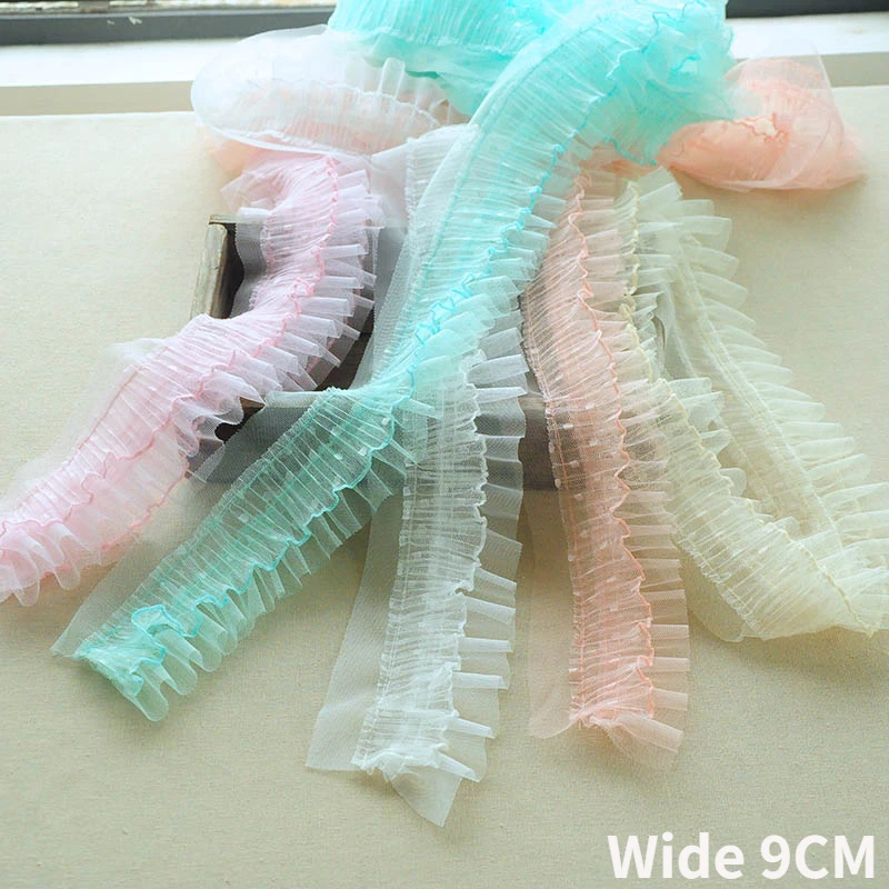 

9CM Wide Double Layers Tulle Mesh Pleated Lace Fabric Polka Dots Embroidery Fringed Ribbon Collar Ruffle Trim DIY Sewing Decor
