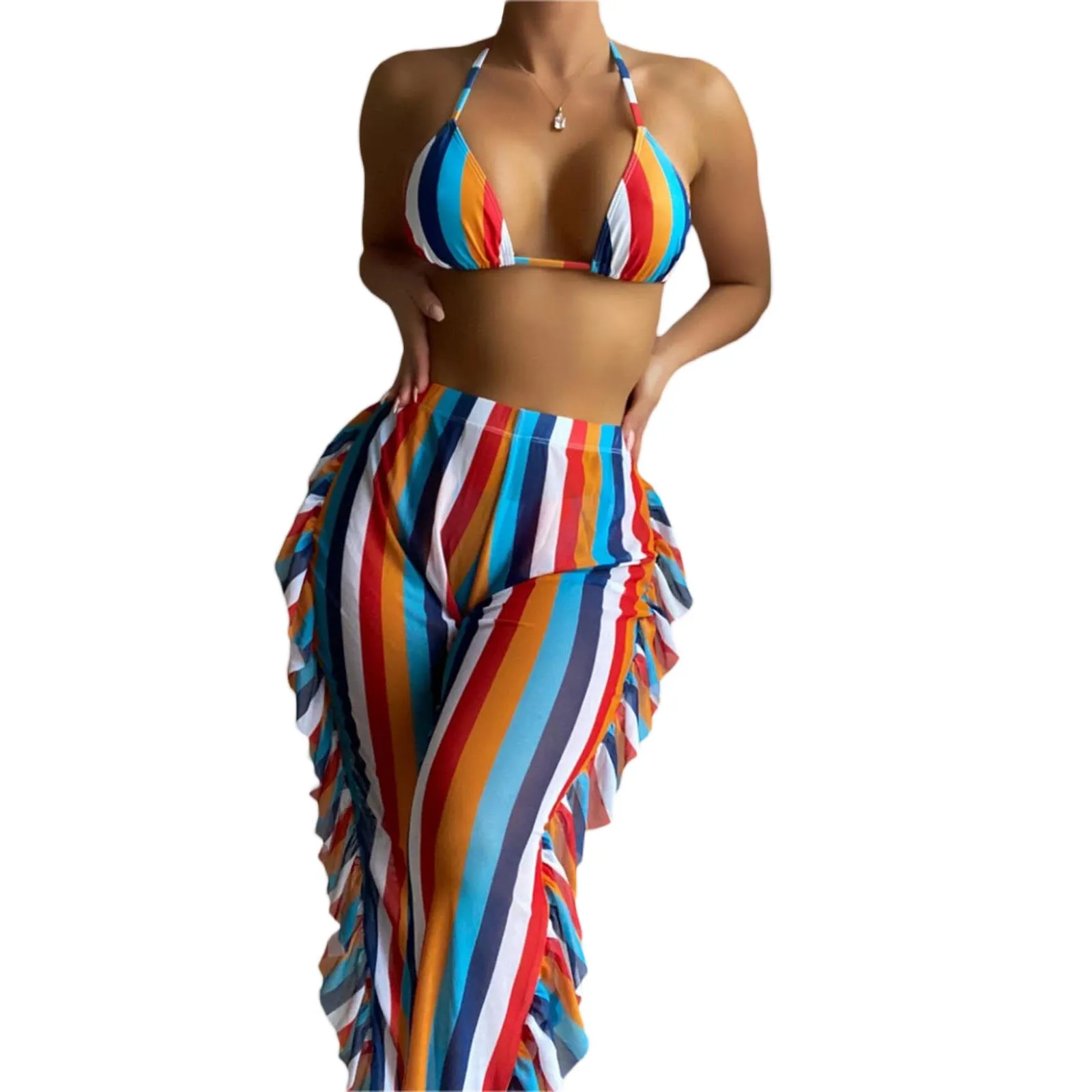 

Women 3 Pieces Bikini Swimsuits Colorful Stripe Halter Neck Padded Bra Bottoms Ruffles Cover-Ups Pants Bathing Suit Set
