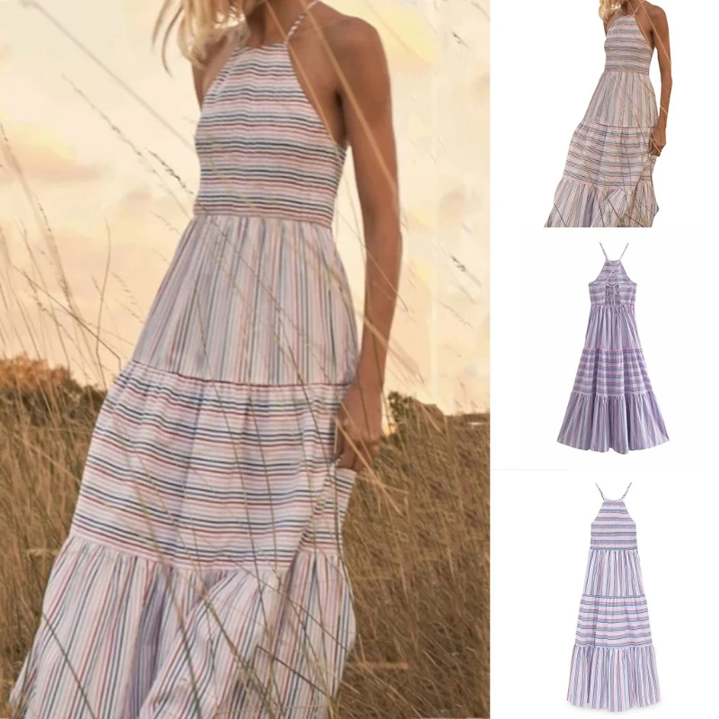 Женское платье-миди без рукавов, с лямкой на шее и принтом в полоску, длинный сарафан с рюшами и открытой спиной, 10CD 
Женское платье-миди без рукавов, с лямкой на шее и принтом в полоску, длинный сарафан с рюшами и открытой спиной, 10CD