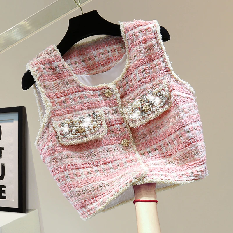 Autumn New Vintage Stripe Sleeveless Top 2023 Korean Style High Waist Beads Rhinestones Bright Tweed Vest Coat Women Waistcoat
Autumn New Vintage Stripe Sleeveless Top 2023 Korean Style High Waist Beads Rhinestones Bright Tweed Vest Coat Women Waistcoat