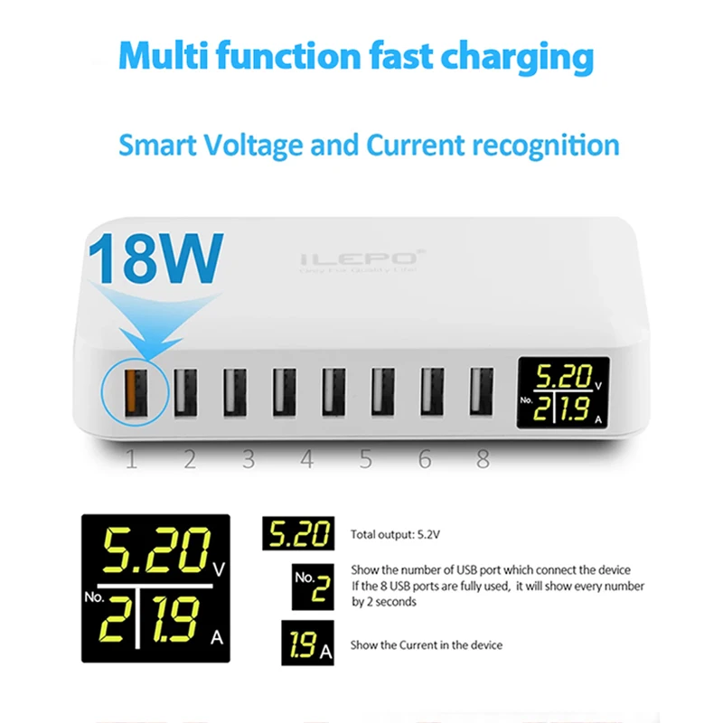 USB Fast Charger QC3.0 HUB 60W 8 Port Smart Quick Charge LED Display Multi USB Charging Station Mobile Phone Desktop Home
USB Fast Charger QC3.0 HUB 60W 8 Port Smart Quick Charge LED Display Multi USB Charging Station Mobile Phone Desktop Home