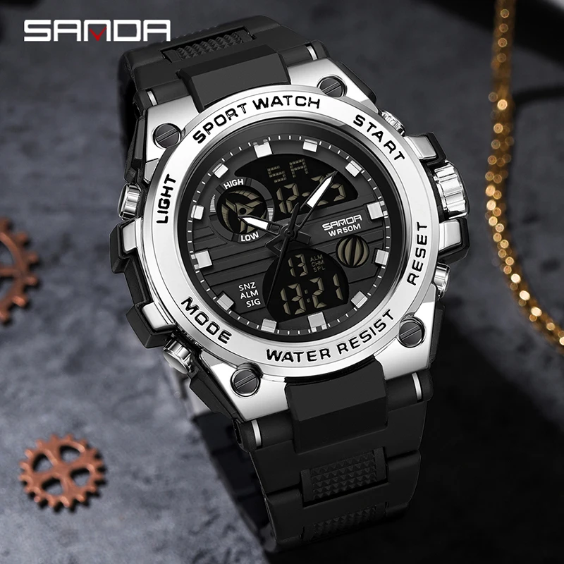 

SANDA New Dual Time Army Sport Watch for Men Luminous Waterproof Quart Digital Wristwatch Alarm Clock LED Backlight Calendar