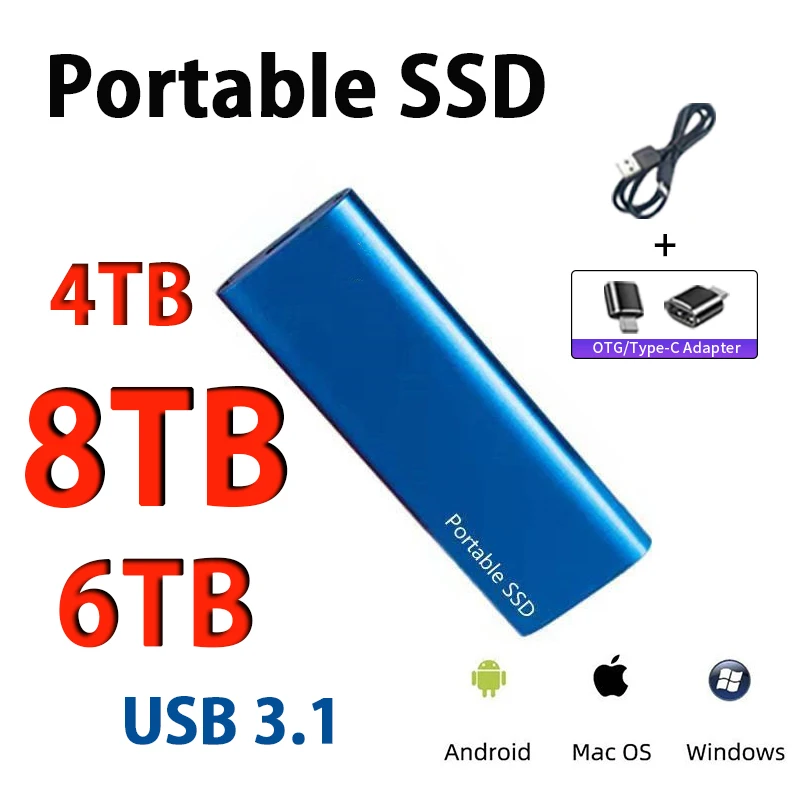 

Портативный внешний твердотельный накопитель SSD на 8 ТБ, USB 3,1, высокоскоростной накопитель данных, жесткие диски для ноутбуков, Windows, Mac